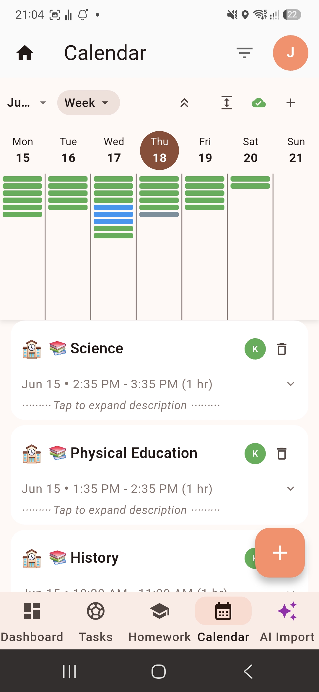 Calendar list view showing individual lessons with times