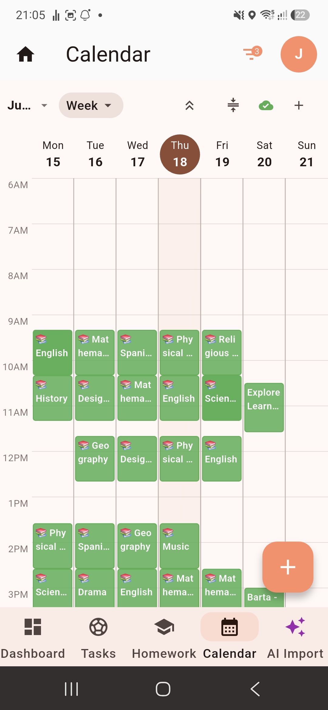 Weekly calendar view with colour-coded school timetable