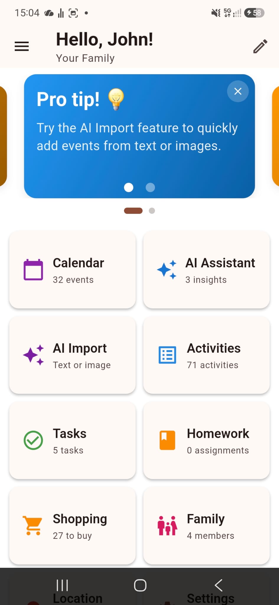 Pentai dashboard showing calendar, AI assistant, tasks, homework, shopping and family cards